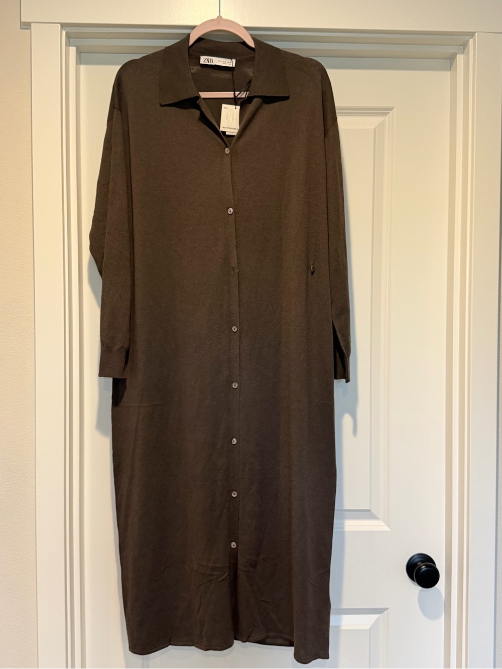 Zara Brown Long Button-Front Shirt Dress